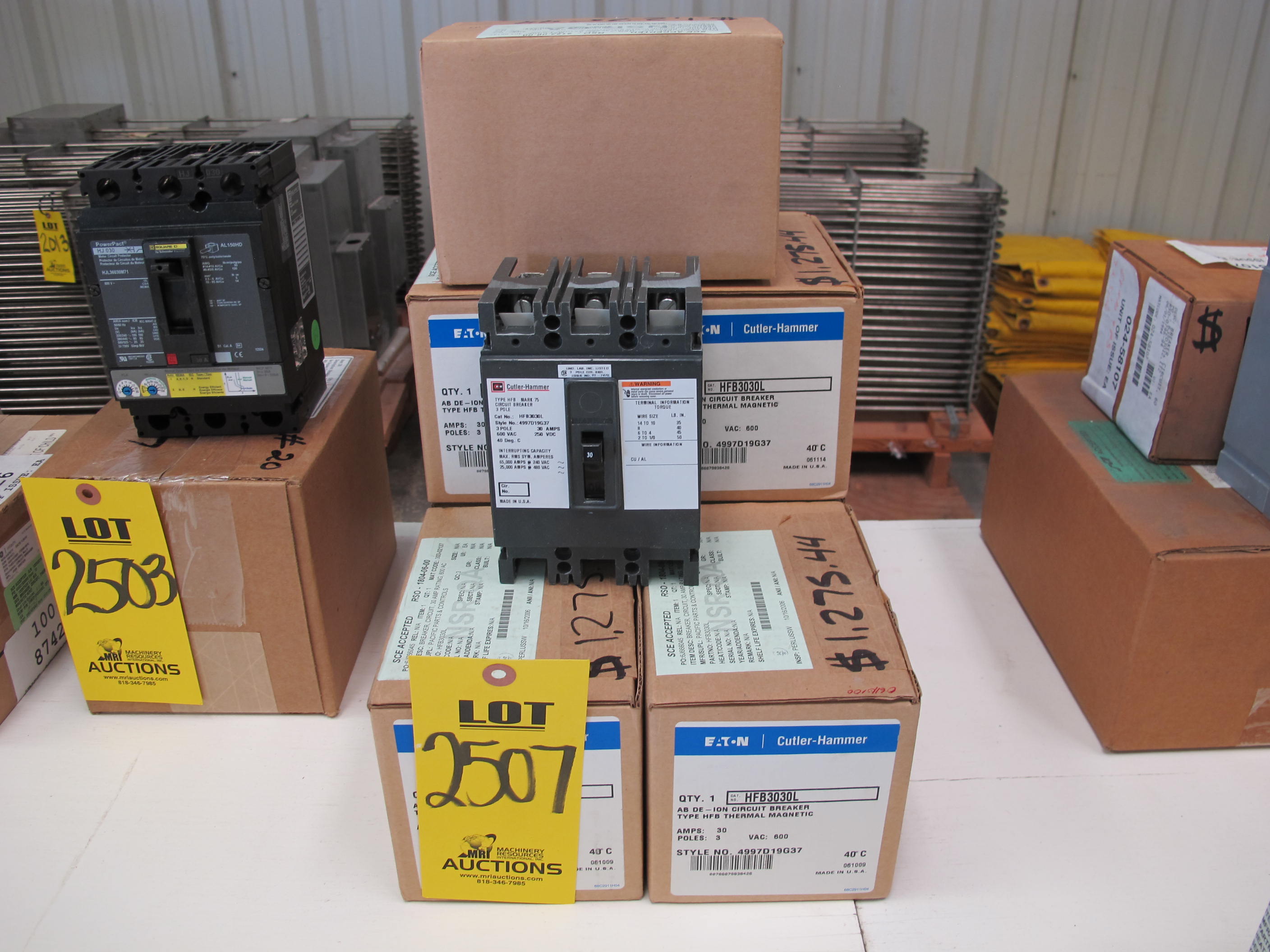 LOT (7) BREAKERS, CIRCUIT TYPE, 30 AMP RATING, 600 AC VOLT RATING, 3 POLE, THERMAL MAGNETIC KIND. MOLDED CASE, MARK 75, AB DE-ION, PART # HFB3030L (W-44) LOADING & HANDLING FEE $5-
